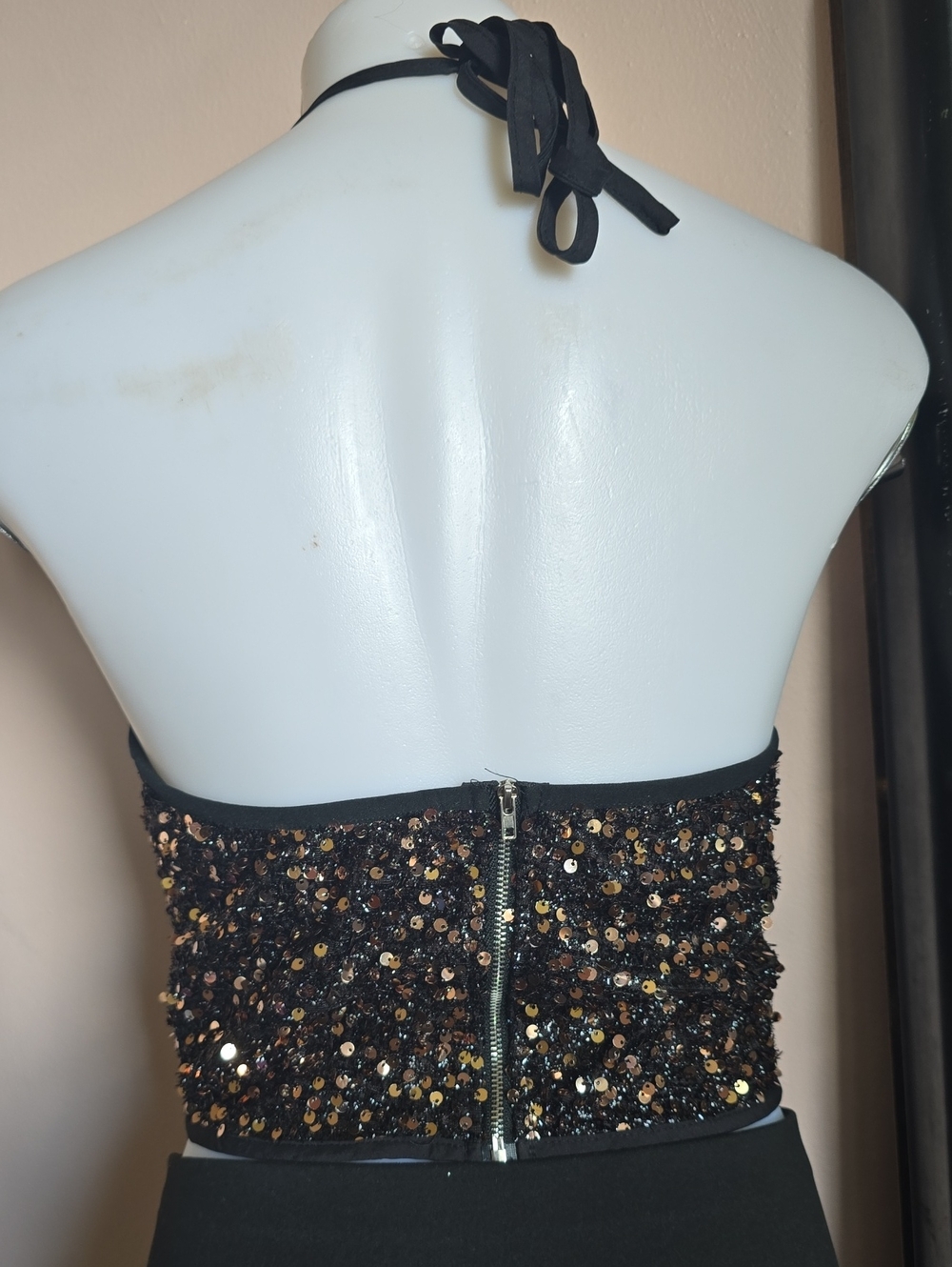 Black Sequin Halter Cami with Gold Accents - Picture 2 of 2